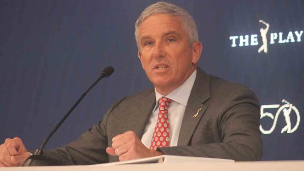 PGA Tour commissioner Jay Monahan speaks prior to the 2024 Players Championship in Ponte Vedra Beach, Fla.